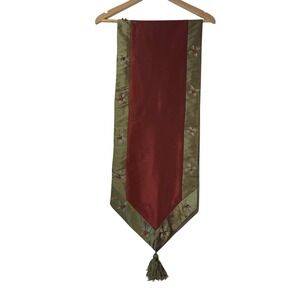 Christmas Table Runner Burgundy Olive Green Embroidered Holly Beaded Tassel 72in
